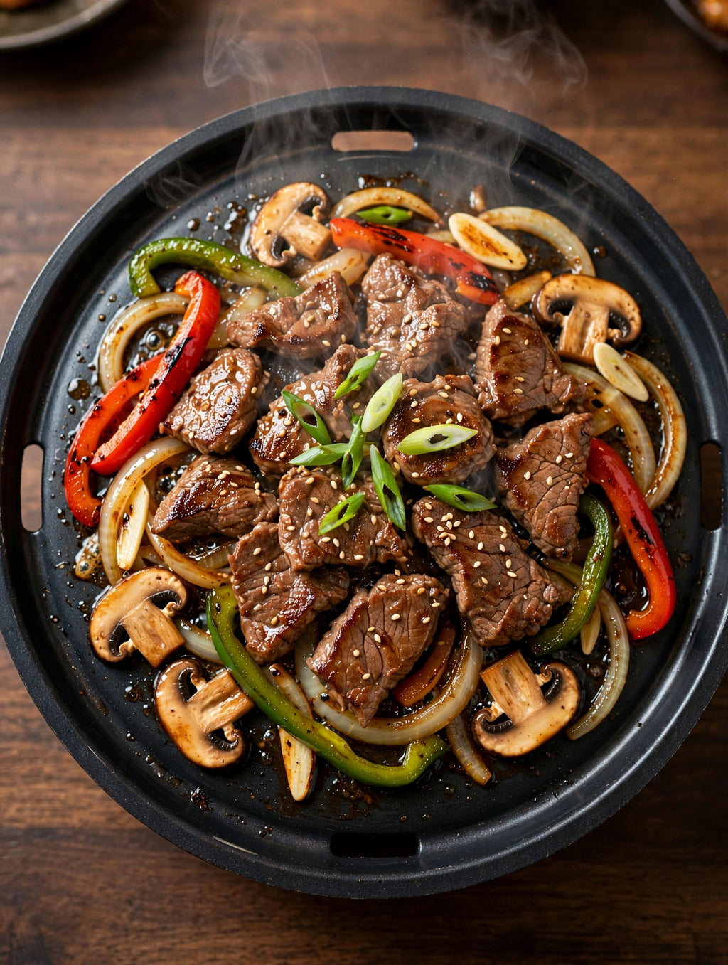 Korean BBQ beef and vegetables grilling on the flat commercial grill plate